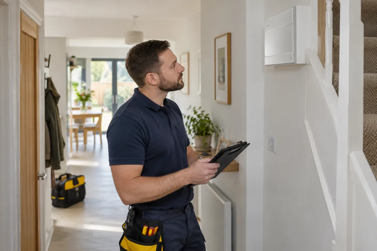 Illustrative image of an electrician inspecting a closed consumer unit in a home